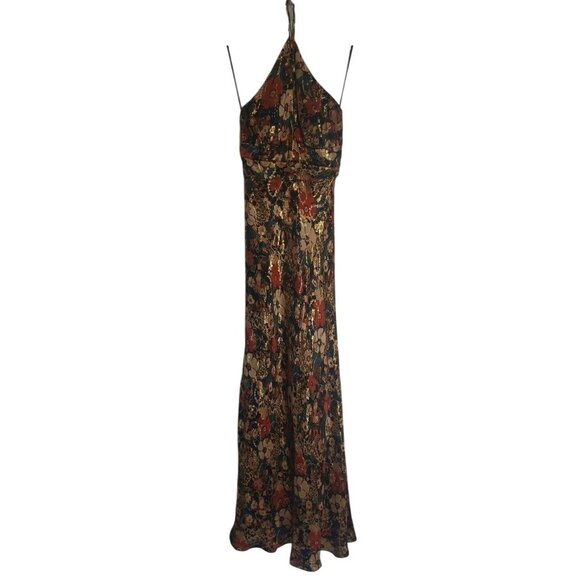 NWT Nicole Miller Sz 4 Floor Length Silk  Maxi Halter Metallic Floral Dress - Picture 11 of 15